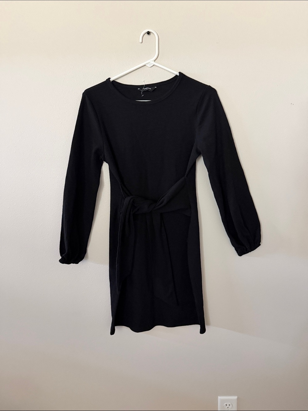 Long-Sleeve Black Tie-Waist Dress